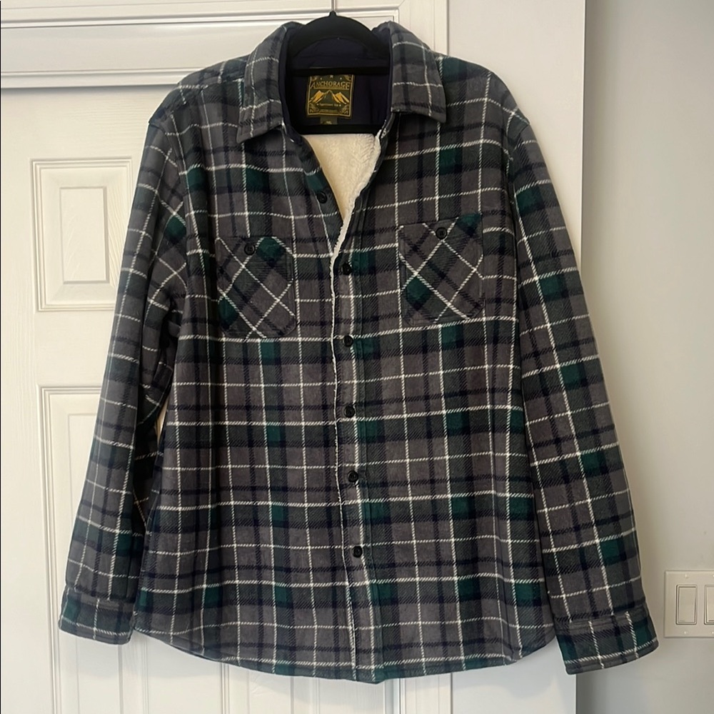 Sherpa Lined Gray and Green Plaid Flannel Shacket Shirt Jacket